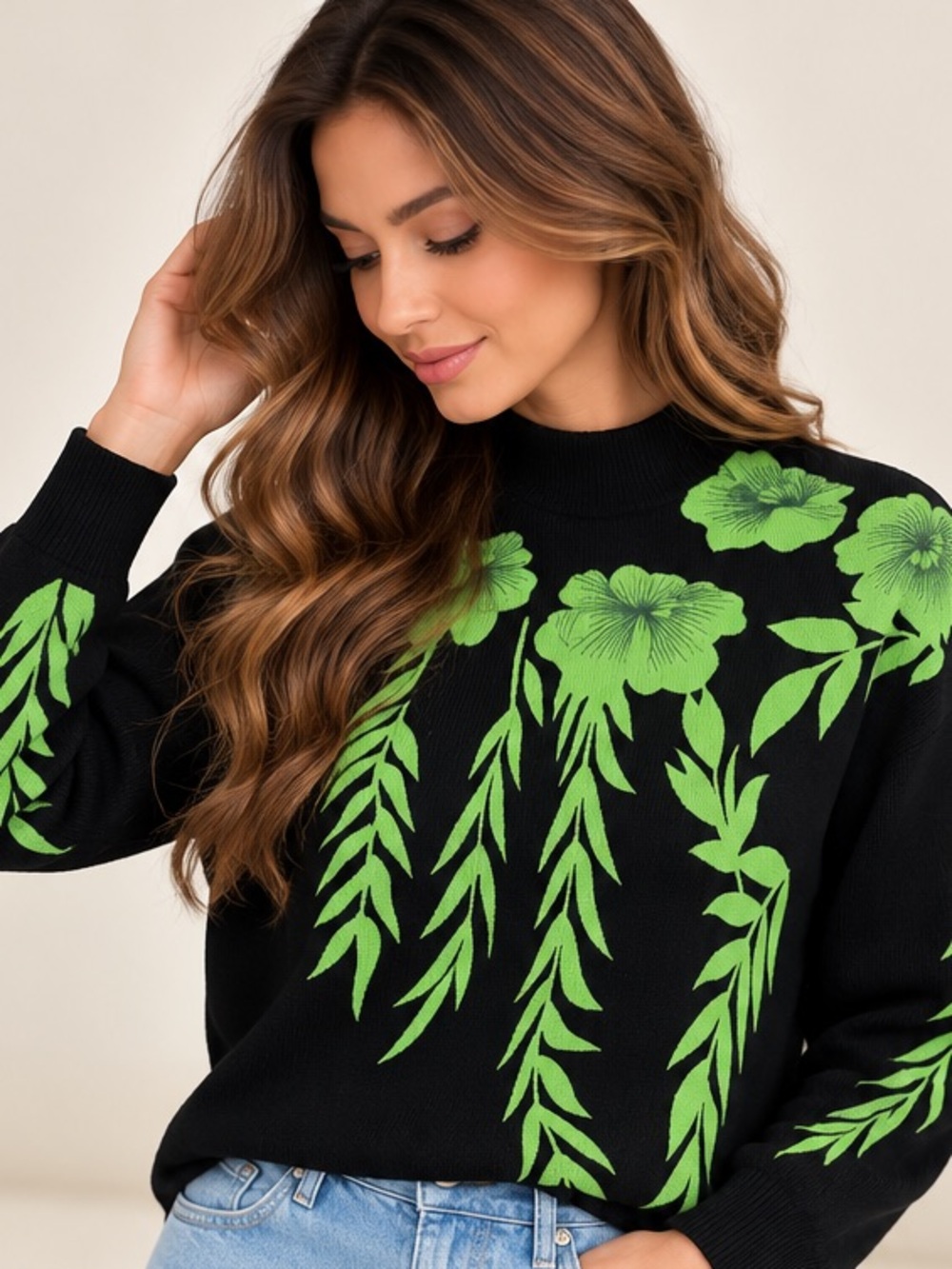 Black Crewneck Sweater with Neon Green Floral Design